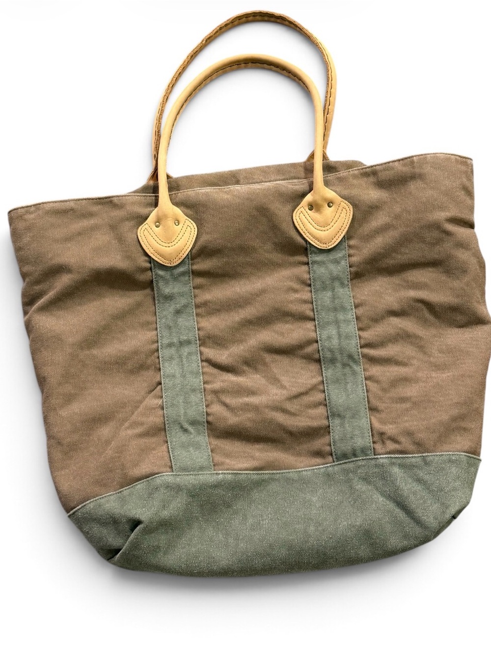 L.L.Bean Boat & Tote - Tan Canvas Olive Trim Leather Handles Plaid Lined